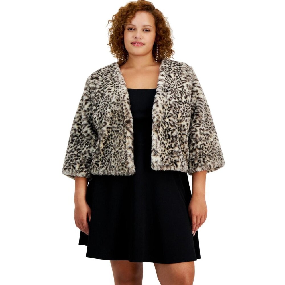NWT BCX Womens Plus Size Animal Print Open-Front Faux Fur Shrug Animal Brown 2X